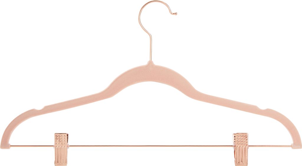 A pink velvet hanger with two clips is shown against a white background.