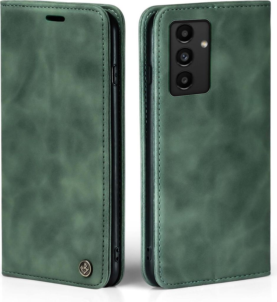 Two views of a green flip-style phone case for a Samsung Galaxy A34 5G.