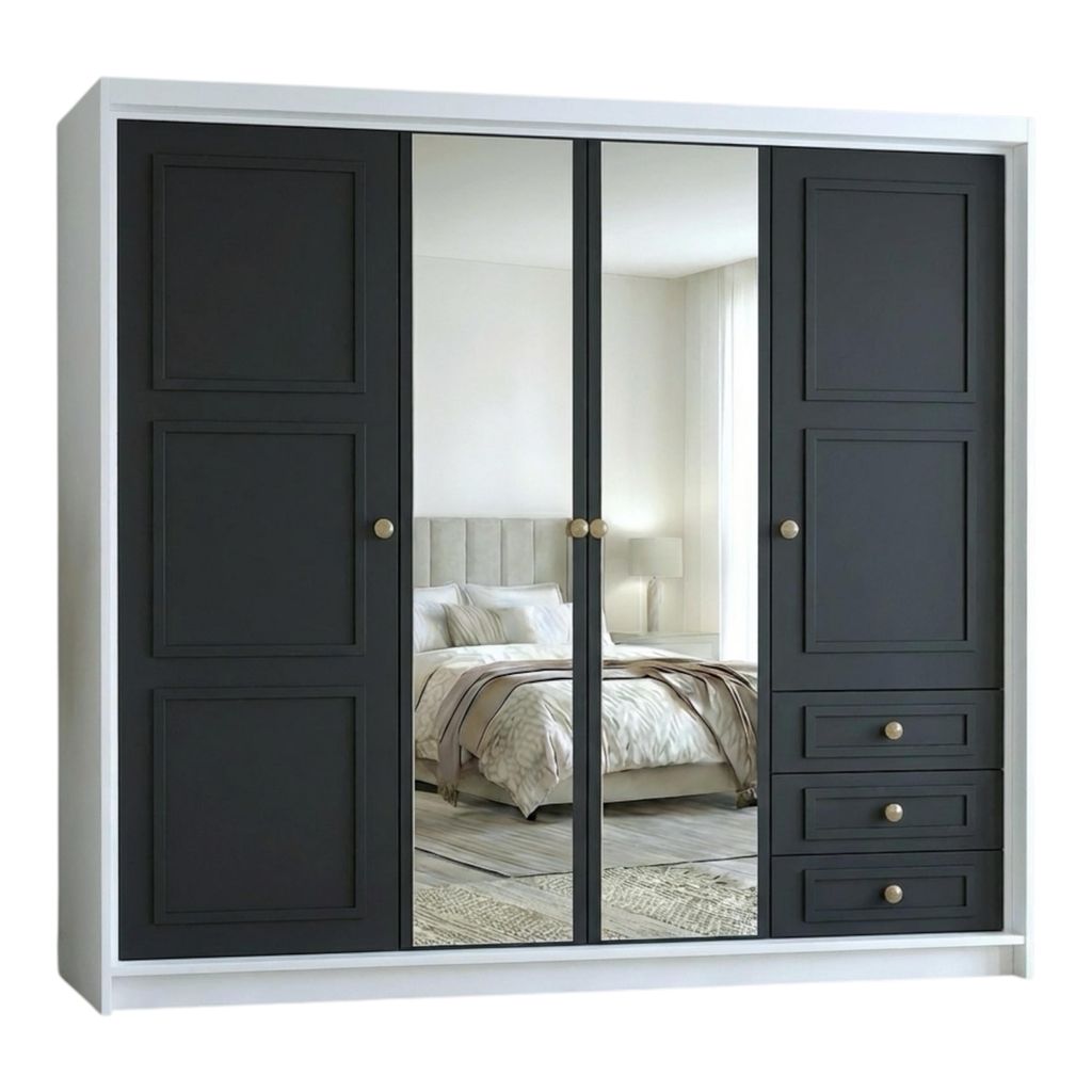 Geräumiger viertüriger Kleiderschrank OSLO mit Schubladen und Metallgriffen – modernes Design Farbe: Weiß | Schwarz