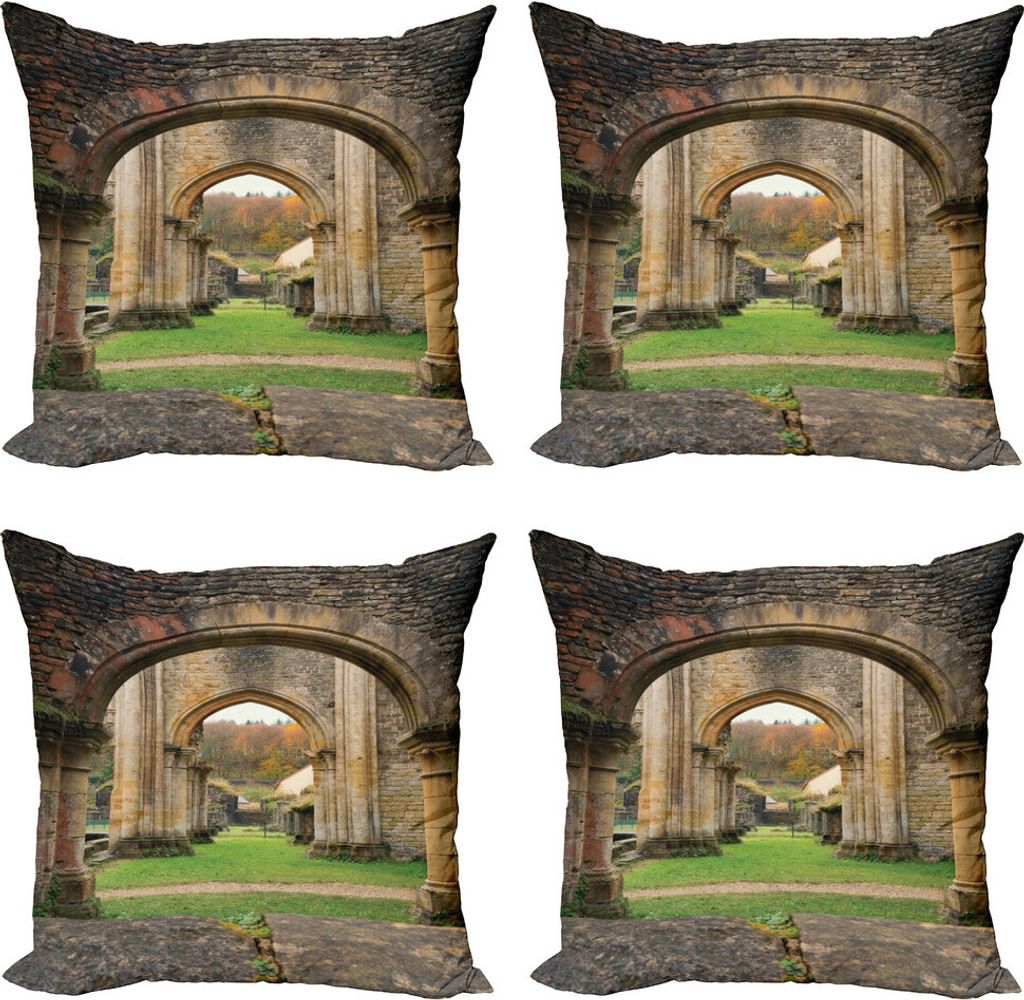 ABAKUHAUS Antiquität Kissenbezug Set (4 Stück), Autumn Ruin anzeigen, Moderner Doppelseitiger Digitaldruck, 40 cm x 40 cm, Sand Braun und Grün