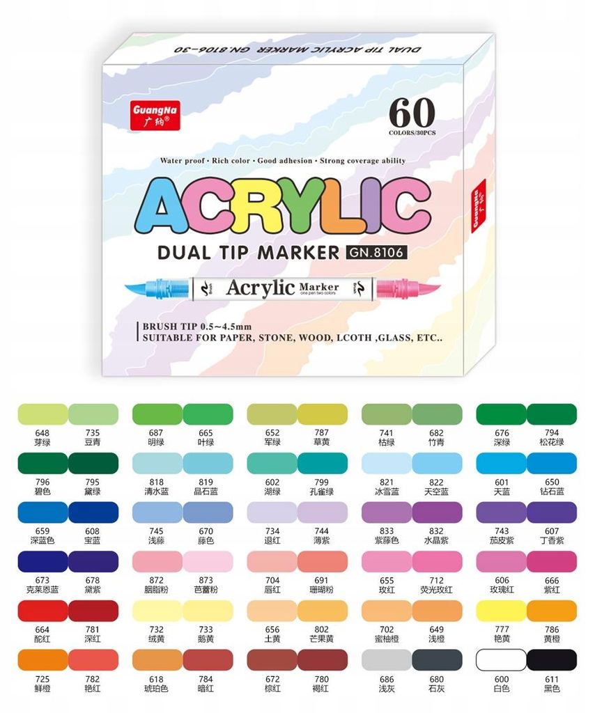 GUANGNA Set Pennarelli Acrilici 60 Colori – Doppia Punta, Immagine del prodotto 