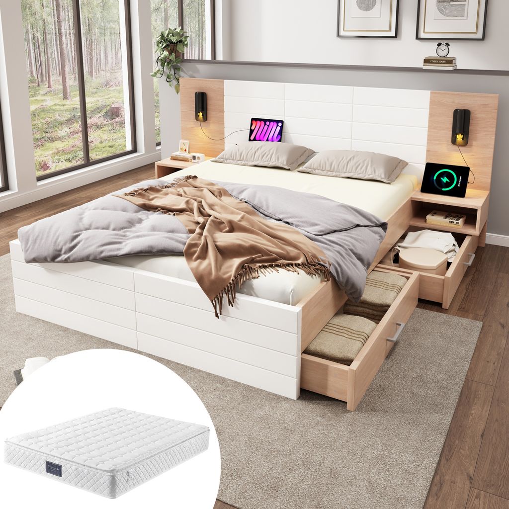STILVORA Holzbett 140×200 mit 2 Schubladen&Leselicht ,Modernes Doppelbett mit Lattenrost&USB-Ladefunktion,Bettgestell mit Matratze,Weiß+Eiche