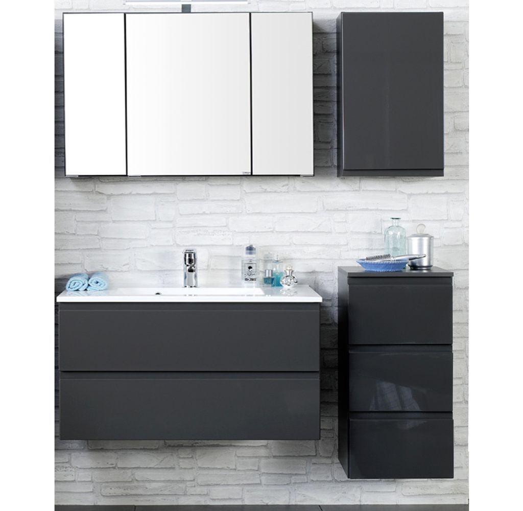 Badmöbel Set COMO-03, 4-teilig, Hochglanz grau, 100cm Waschtisch