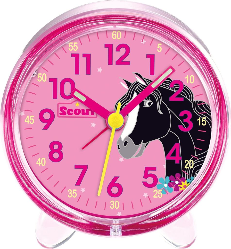 Scout Kinderwecker Quarz Kunststoff Pink Pferd-Blumen-Motiv Produktbild 