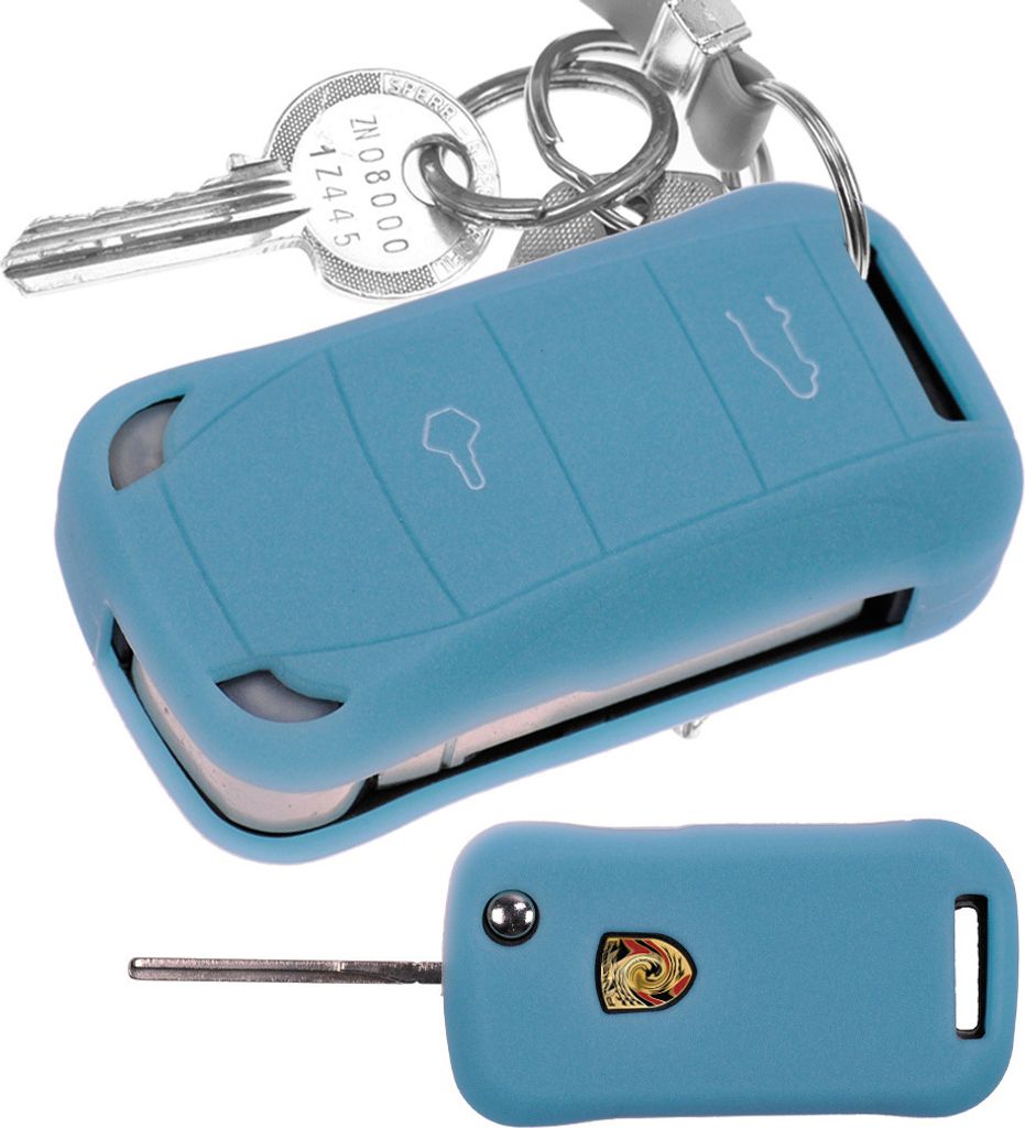 Auto Schlüssel Hülle Silikon Schutz Cover Fluoreszierend Blau kompatibel mit Porsche Cayenne 955 9PA 2002-2012 2 Tasten Klappschlüssel