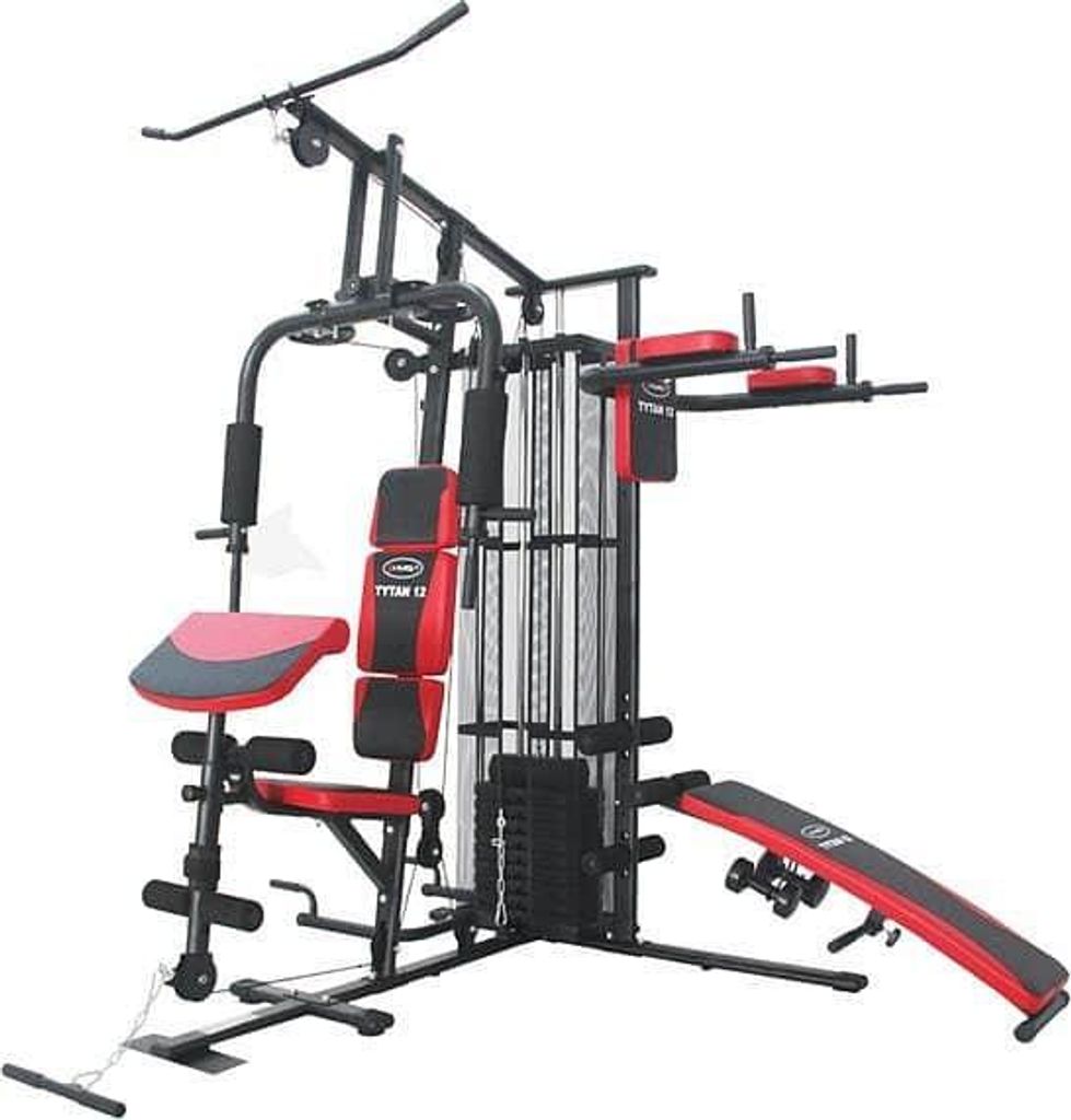A multi-gym fitness machine with various attachments and weights.