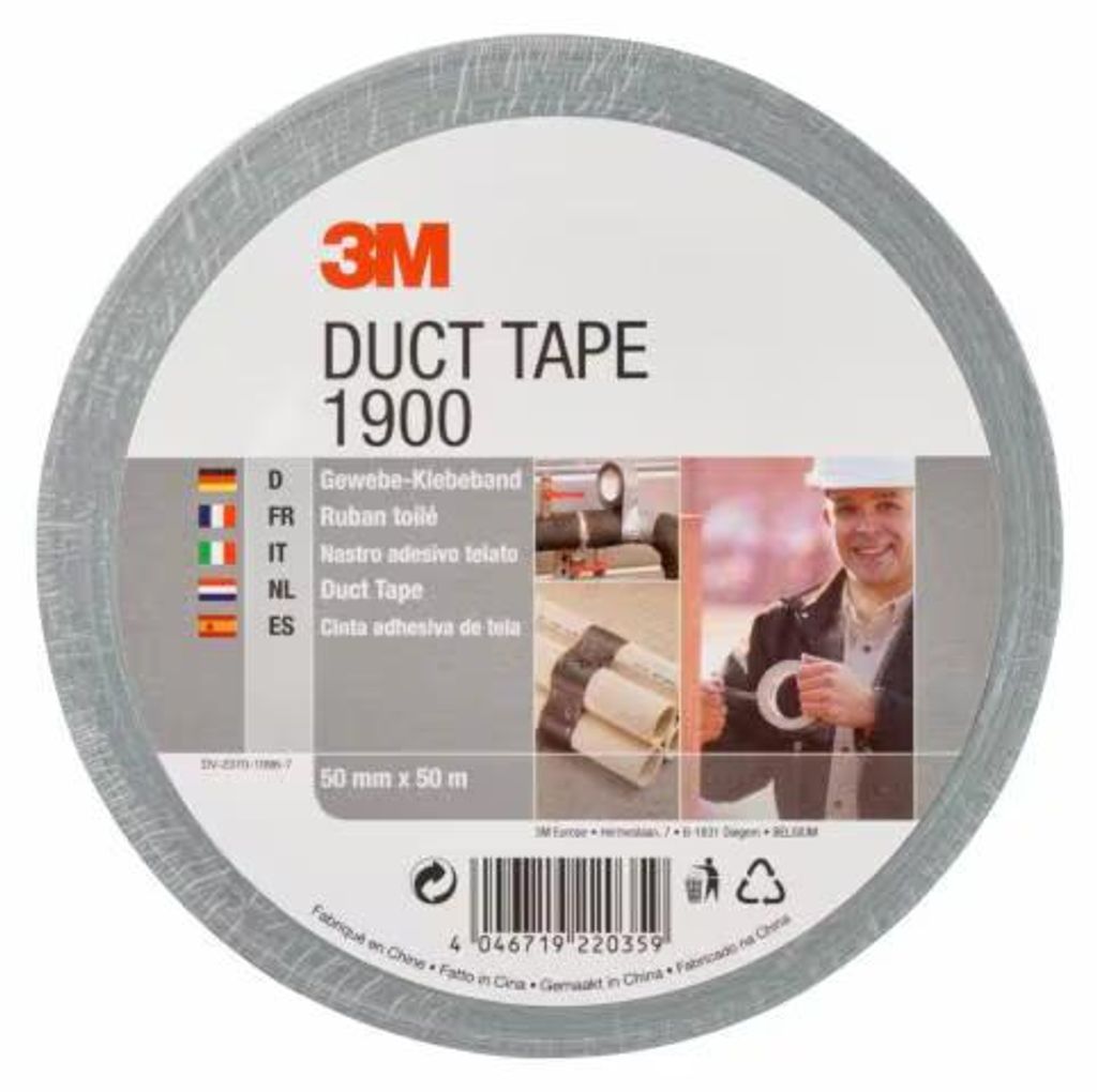 A roll of 3M Duct Tape 1900 is shown with multilingual text and images of the tape in use.