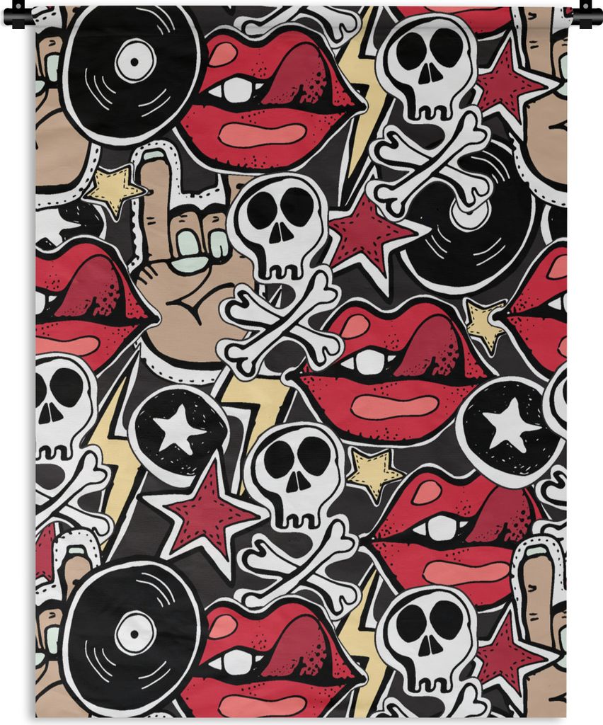 MuchoWow Wandteppich Wandbehang Rock - Rock 'n' Roll - Muster - Schädel 90x120 cm Tapisserie Dekoration Wandtuch - Wanddeko