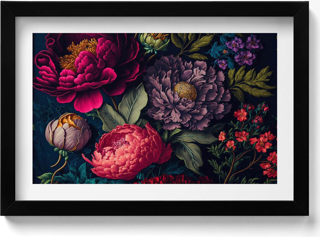 Vintage Bouquet von botanischen Blumen– Wandbild mit Rahmen – Gerahmtes Bild – Wanddekoration – 30x20 cm – Schwarz Rahmen