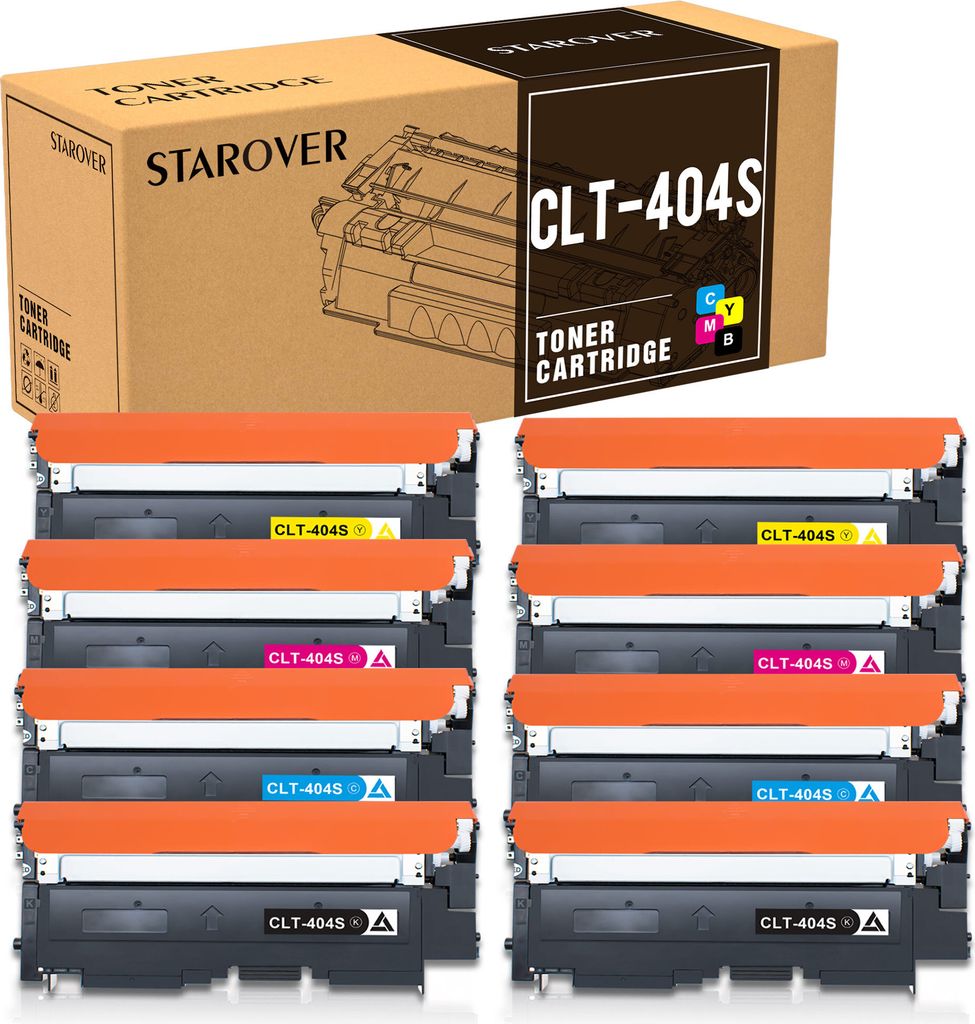 A box of toner cartridges with several cartridges stacked below.