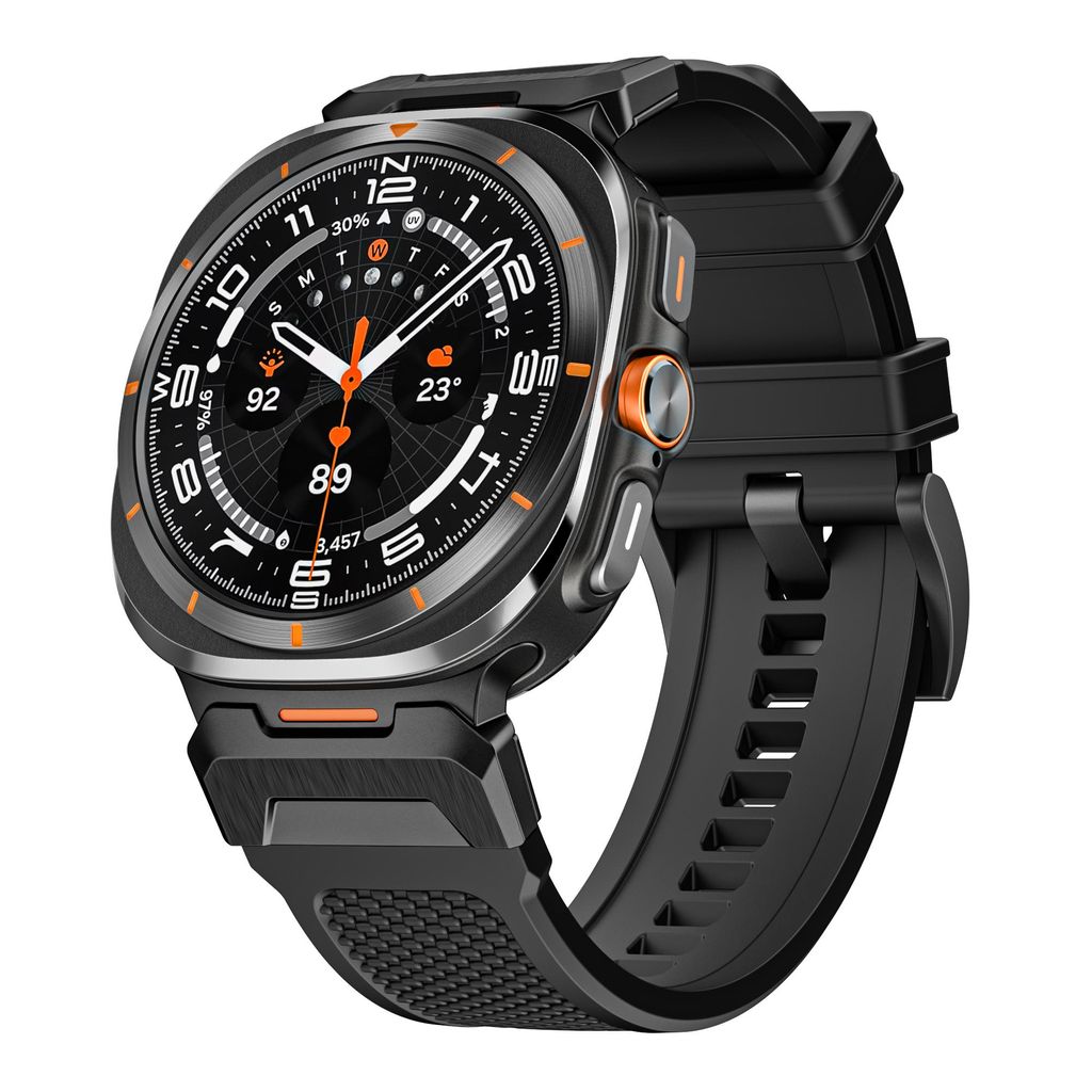 FFO2World Silikonarmband für Samsung Galaxy Watch Ultra 47 mm – Robustes Smartwatch-Armband mit silbernem Adapter – Ultra 2025 – Schwarz/Sch...