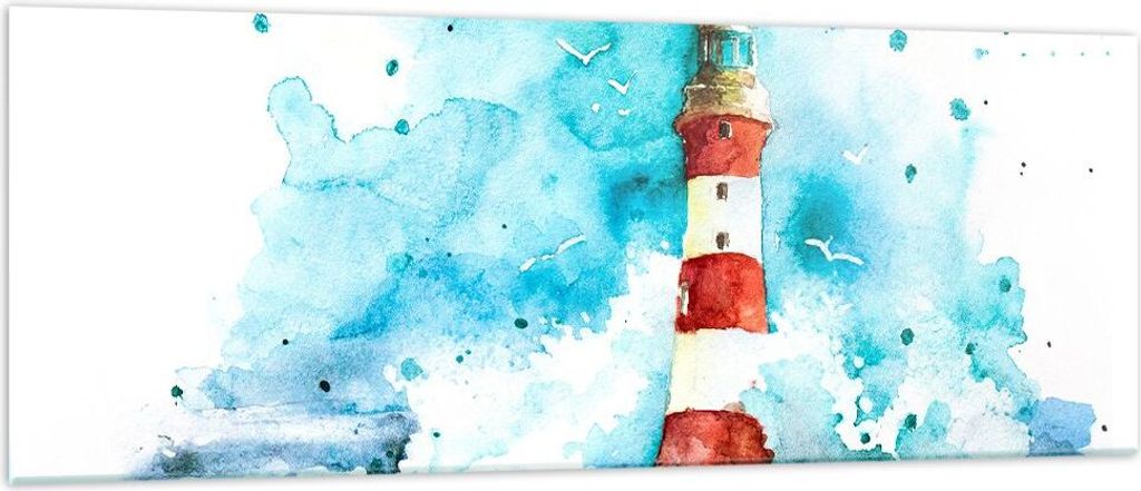 Bilder auf glas - Leuchtturm Wasser Illustration Welle - 140x50cm - Glasbilder - Wandbilder - Kunstdruck - Wanddekoration aus Glas - Glas Bilder - ...