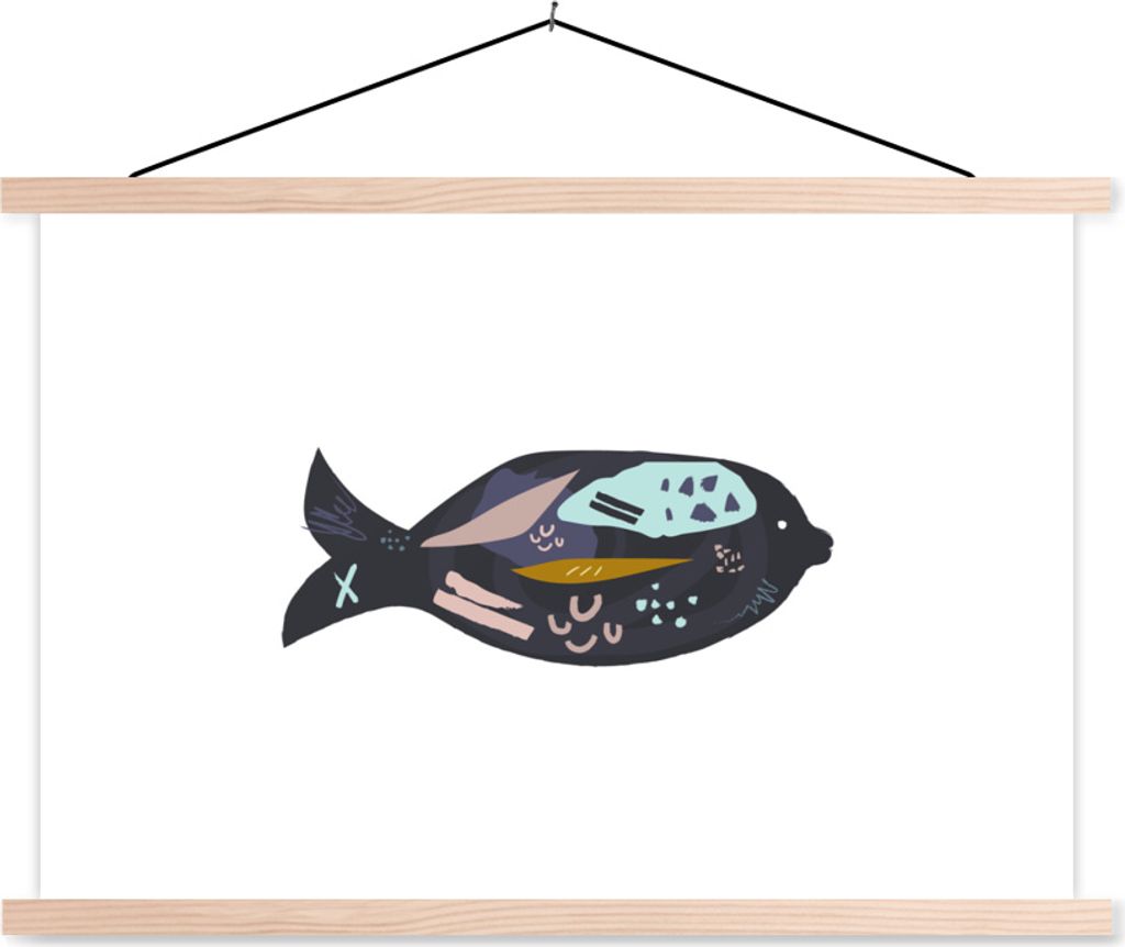 MuchoWow Textilposter Schwarz - Fisch - Pastell 120x80 cm mit holzfarbenen Rahmen - Aufhängeset