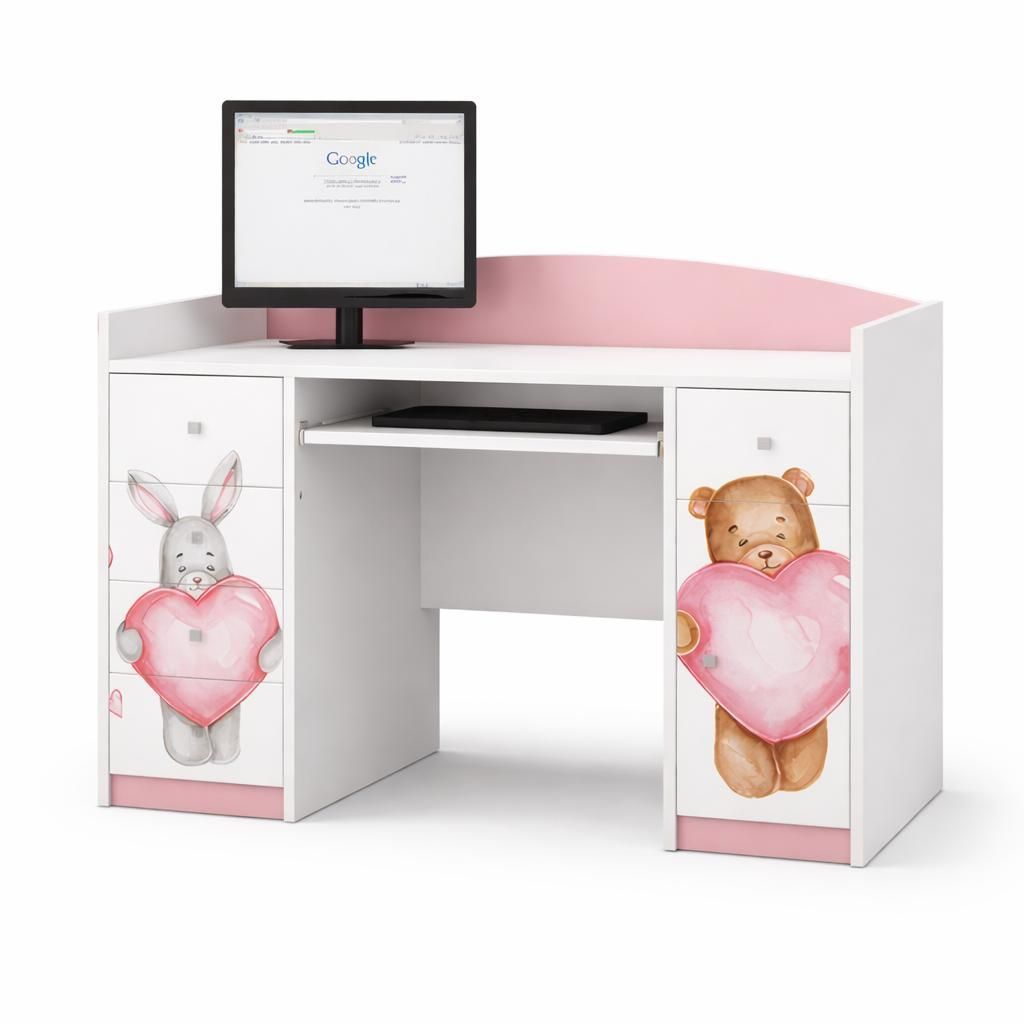 Happy Babies Kinderschreibtisch 125x89x60 PC-Tisch für Kinderzimmer mit Tastaturablage Decorativer Computertisch weiß Rosa / Herzen, Tiere