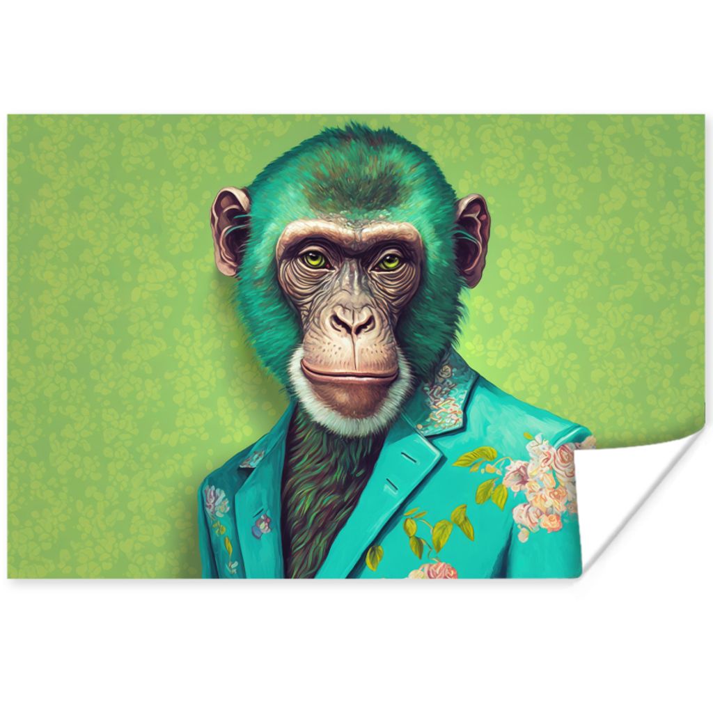 MuchoWow Poster Affe - Colbert - Blumen - Neon - Porträt 60x40 cm - Schlafzimmerdekoration