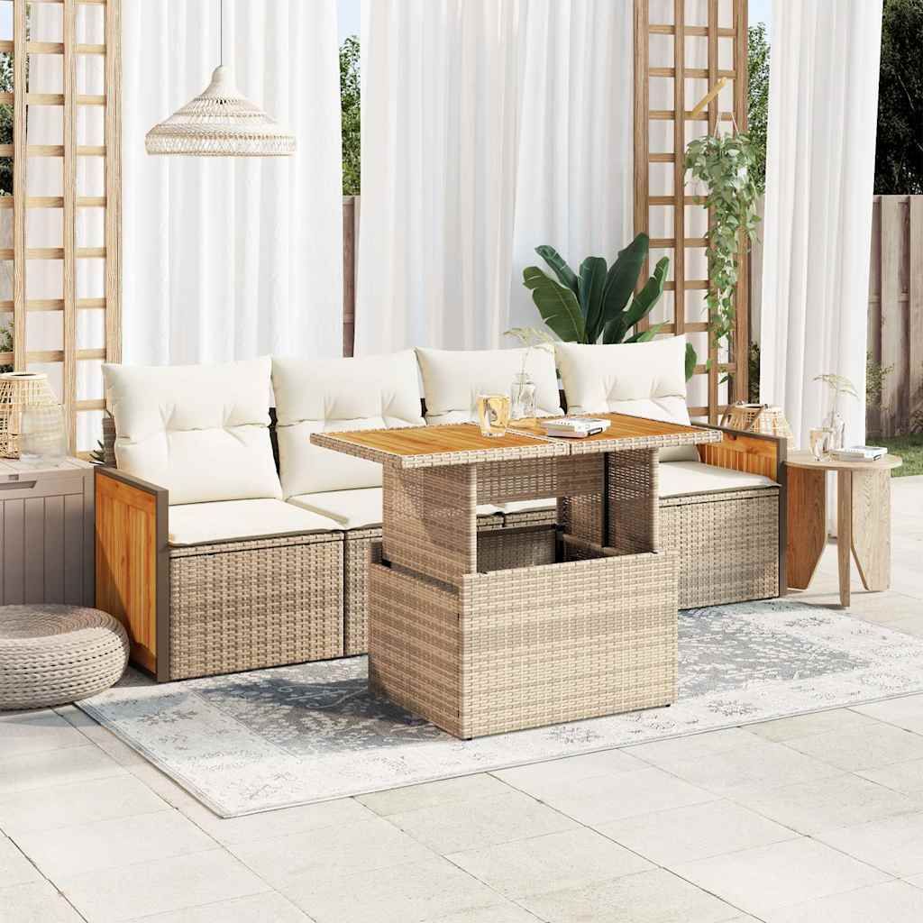 "Rabatt" 5-tlg. Garten-Sofagarnitur - mit sofa - mit Kissen Beige Poly Rattan Akazie - Lounge-Dining set CC12157