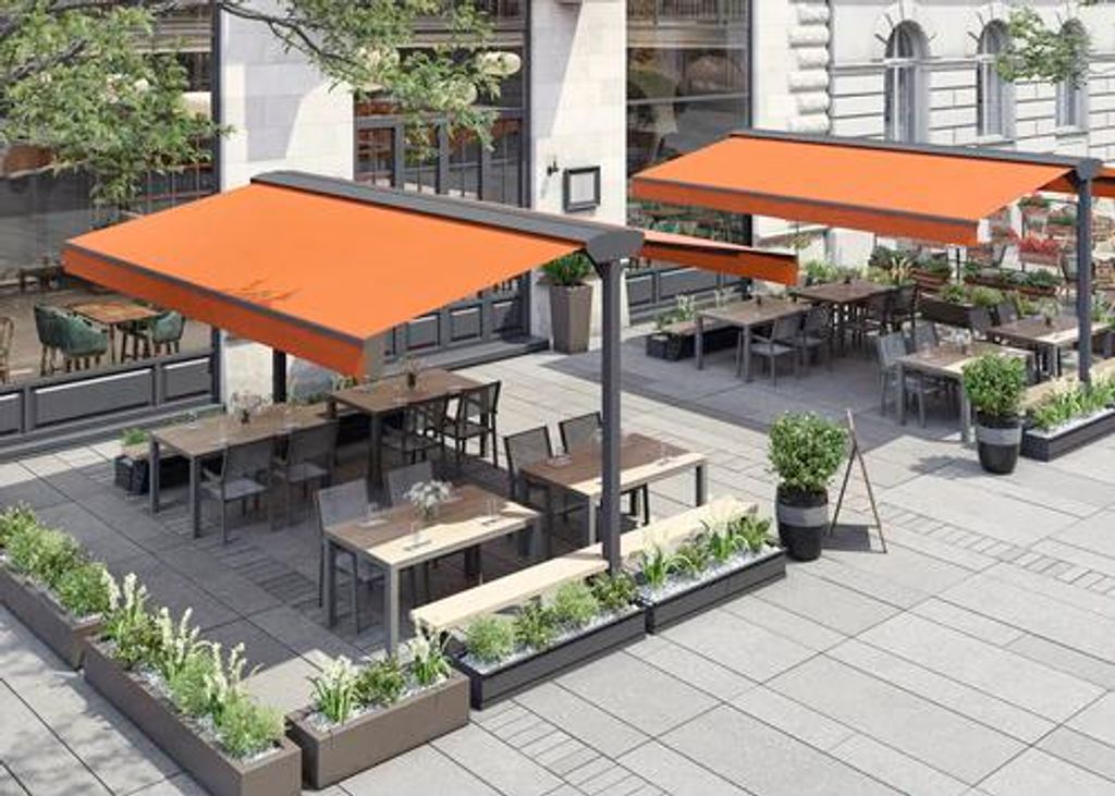 Soluna Standmarkise Duo 300x500 cm Gestellfarbe DB703 dunkelgrau Stoffdessin U767 inkl. 8x Holzbohlen für Sitzbänke unbe