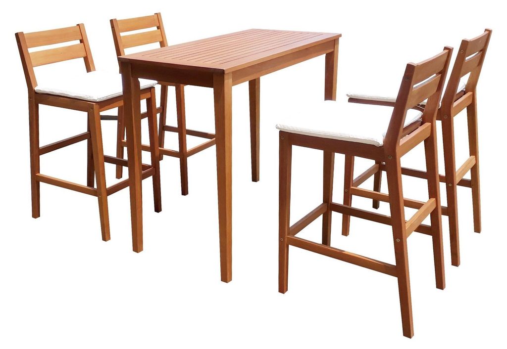 Barset BERN 5-tlg. inkl. Kissen - Eukalyptus Natur 100x60x107cm | Barmöbel-Set mit hohem Tisch und 4 Barhockern