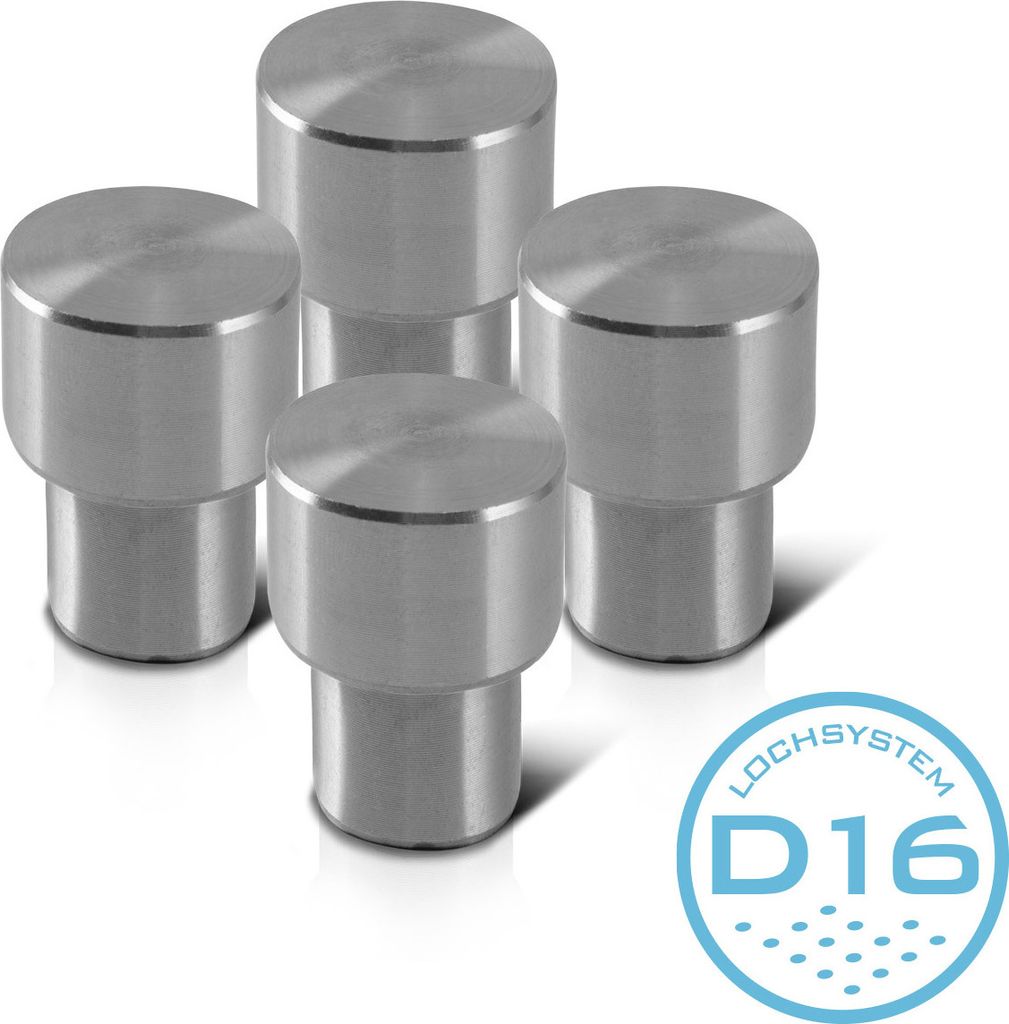 Four metal cylindrical objects with a stepped design, arranged in a group on a white background. A blue circular logo with text is in the bottom right corner.