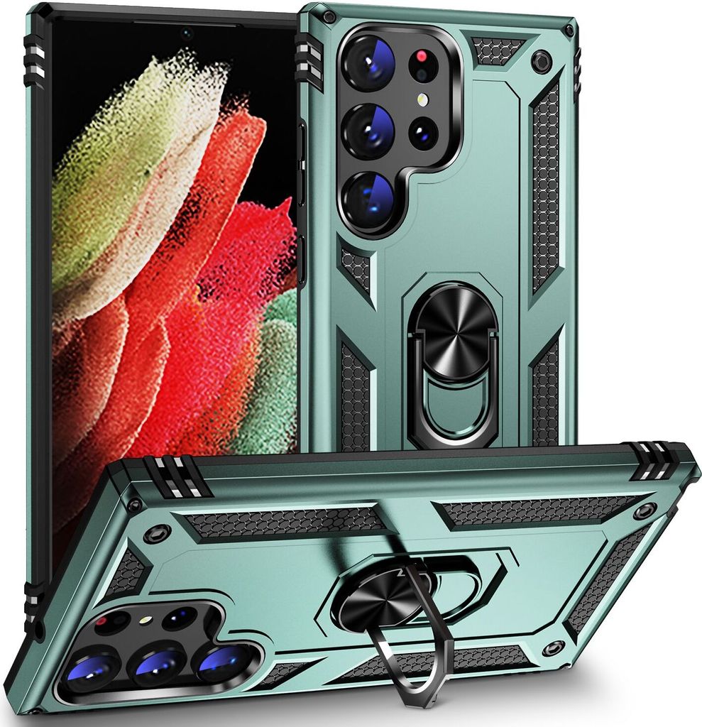 Schutzhülle für Samsung Galaxy S23 Ultra, Dual Layer Robust Militäre Fallschutz Hülle mit Ringhalterung Ständer Grün
