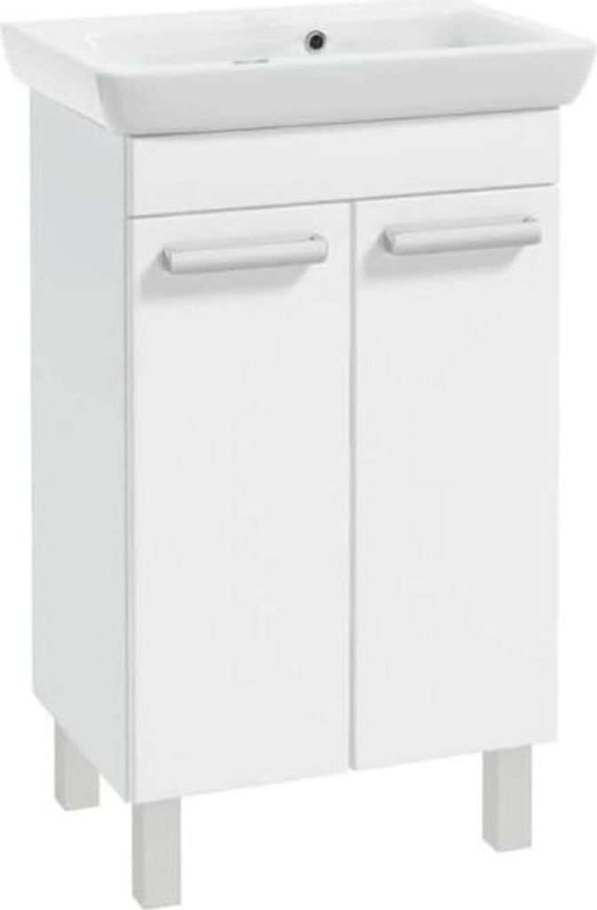 A white bathroom vanity with a sink on top, shown from the front.