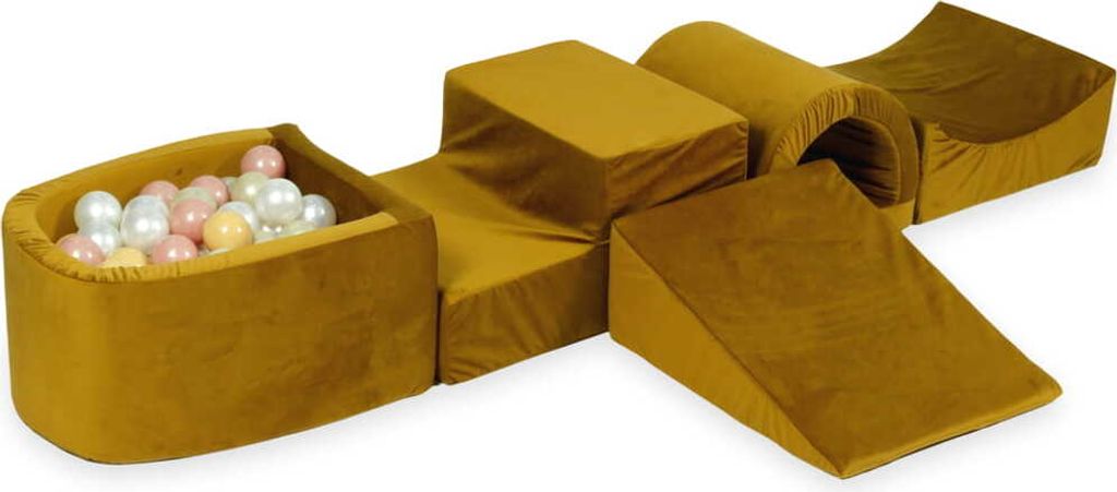 Schaumstoff-Spielset mit Brücke und Mikro-Bällepool – Samt Gold mit Bällebadbällen 100 Stück / Hellgold, Beige, Perlmutt, Roségold