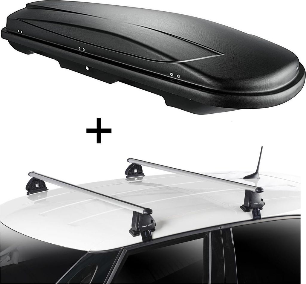 Dachbox VDPJUXT500 500 Liter abschließbar schwarz + Dachträger VDP EVO ALU kompatibel mit Renault Megane I 5 Türer 1996-2002