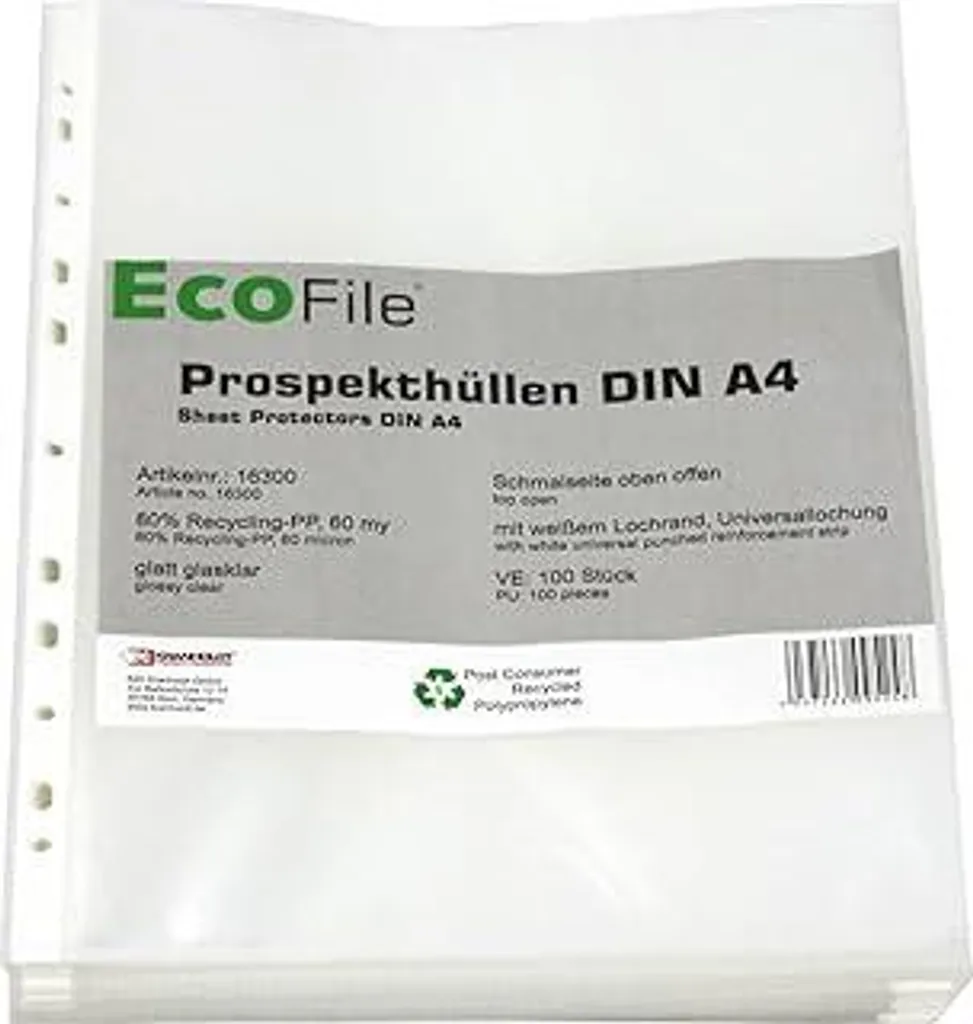 Busta trasparente A4 / 100 pezzi/sostenibile in PP riciclato post-consumo 60 my liscia trasparente, con bordo di archiviazione, lato stretto aperto in alto – (60my)