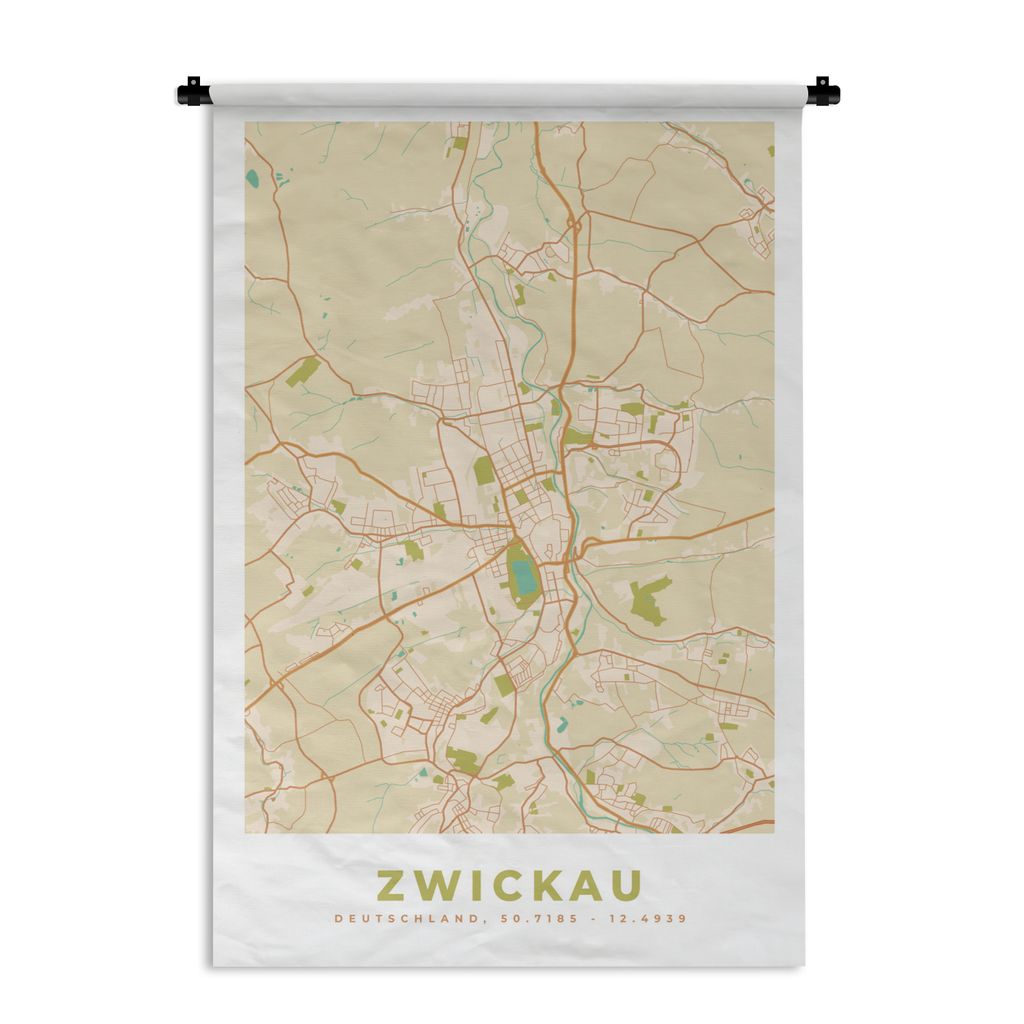 MuchoWow Wandteppich Wandbehang Karte - Zwickau - Karte - Vintage - Stadtplan 60x90 cm Tapisserie Dekoration Wandtuch - Foto-Teppich - Abwaschbar