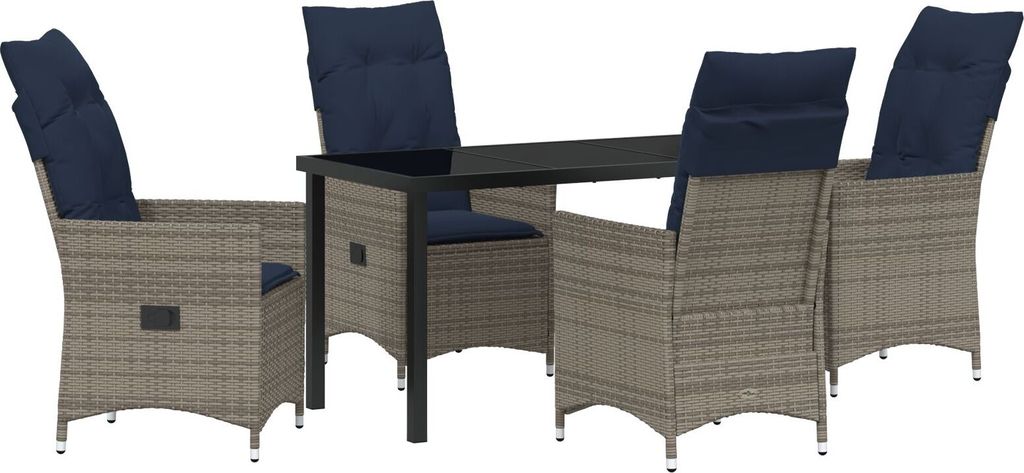 Möbel 5-teiliges Garten Essset mit Kissen graues Polyrattan, Gartentisch Schwarz 140x80x73 cm mit Sicherheitsglas - Gartentische 3379592