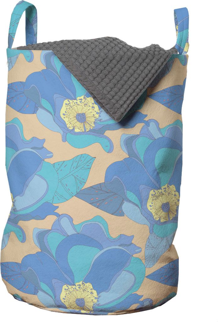 ABAKUHAUS Natur Wäschesack, Retro blaue Blumen und Blätter, Wäschekorb mit Griffen Kordelzugverschluss für Waschsalons, 33 cm breit x 49 cm hoc...