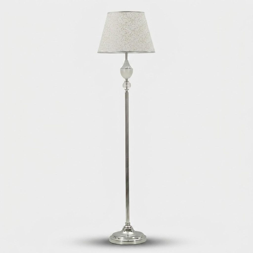 Lampe sur pied en métal et tissu, argentée et blanche Image du produit 