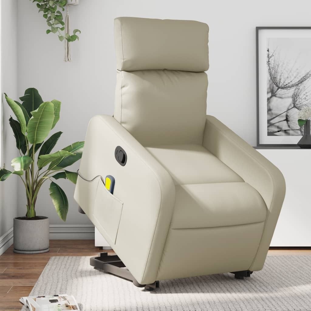Design Massagesessel mit Aufstehhilfe Creme Kunstleder, Klassische Sessel 2024 Neu