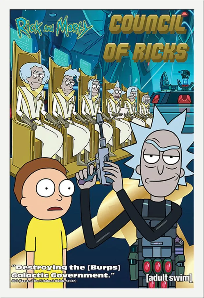 Poster Council of Ricks Rick & Morty Cadre MDF Blanc et Vitre Acrylique