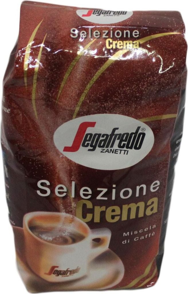 A bag of Segafredo Selezione Crema coffee beans with a cup of coffee shown.