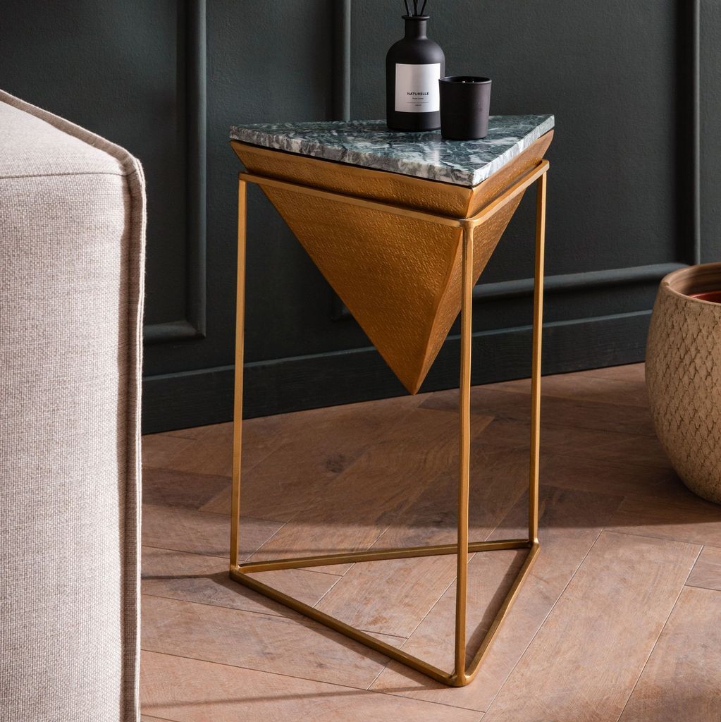 WOHNLING Beistelltisch Echter Marmor Metall 37x37x53 cm Anstelltisch Grün Gold Kleiner Abstelltisch Dreieckig Wohnzimmertisch Couch Modern Marmort...
