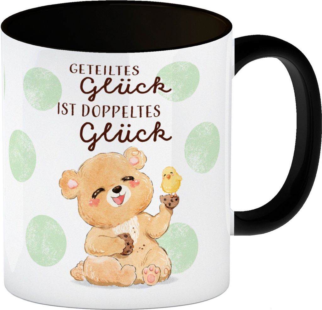Bär Kaffeebecher in schwarz mit Spruch Geteiltes Glück ist doppeltes Glück