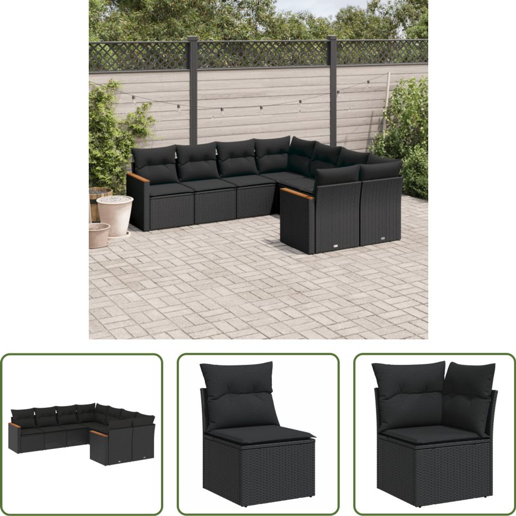 The Living Store 8-tlg. Garten-Sofagarnitur mit Kissen Schwarz Poly Rattan