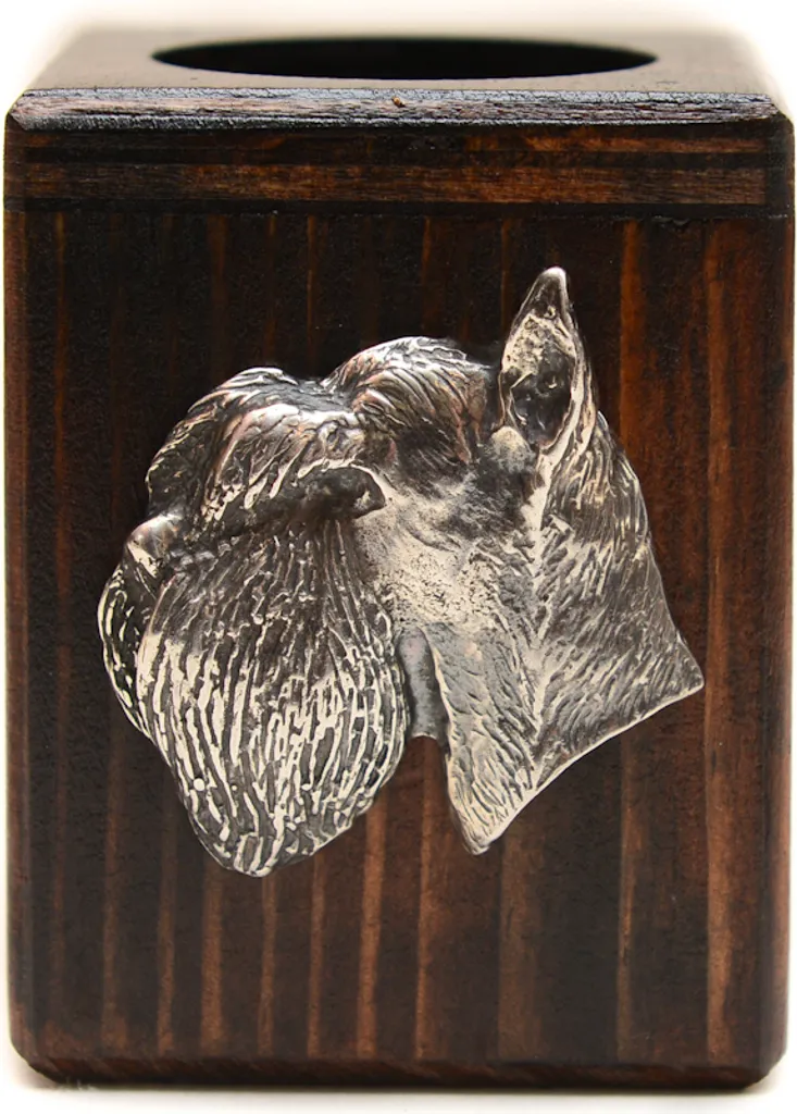 Schnauzer Knírač Portacandele Art-Dog: Statuetta Argentata e Legno - 1