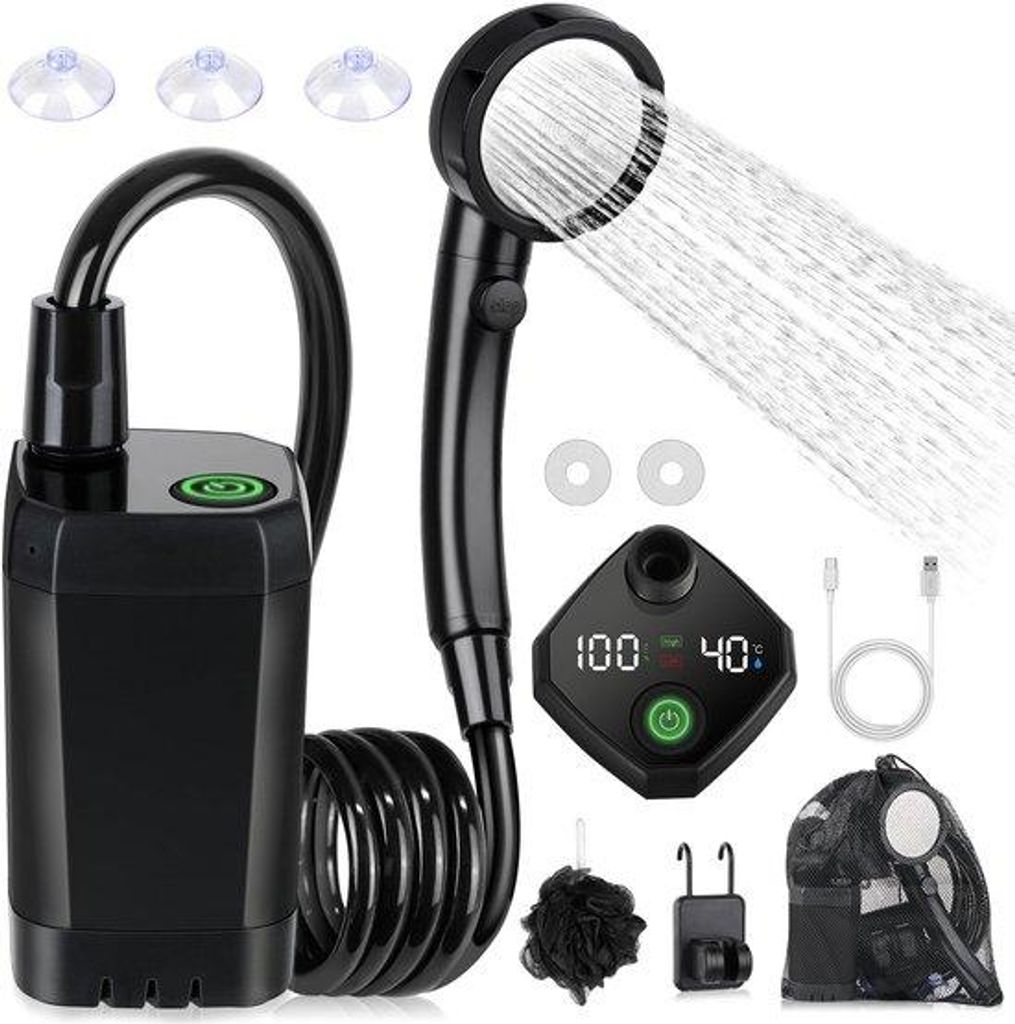 Elektrische Douchepomp Set, Wasserfest, Flachdisplay, 4 Strahlmodi, für Außen, Camping und Wandern