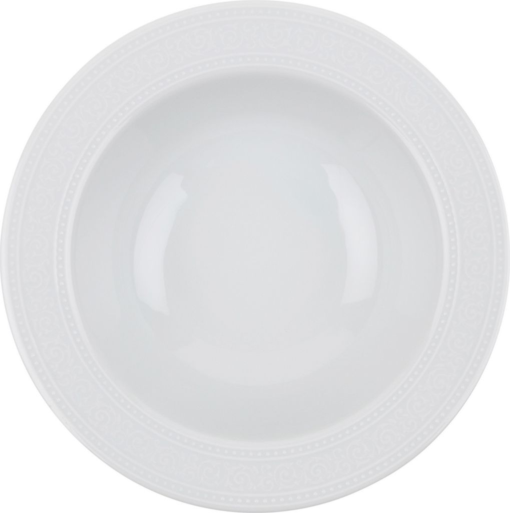 A top-down view of a white ceramic bowl with a decorative rim.