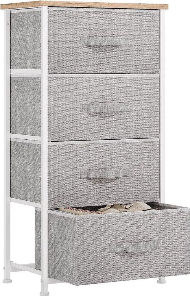 Commode tissu gris clair 4 tiroirs amovibles avec structure stable