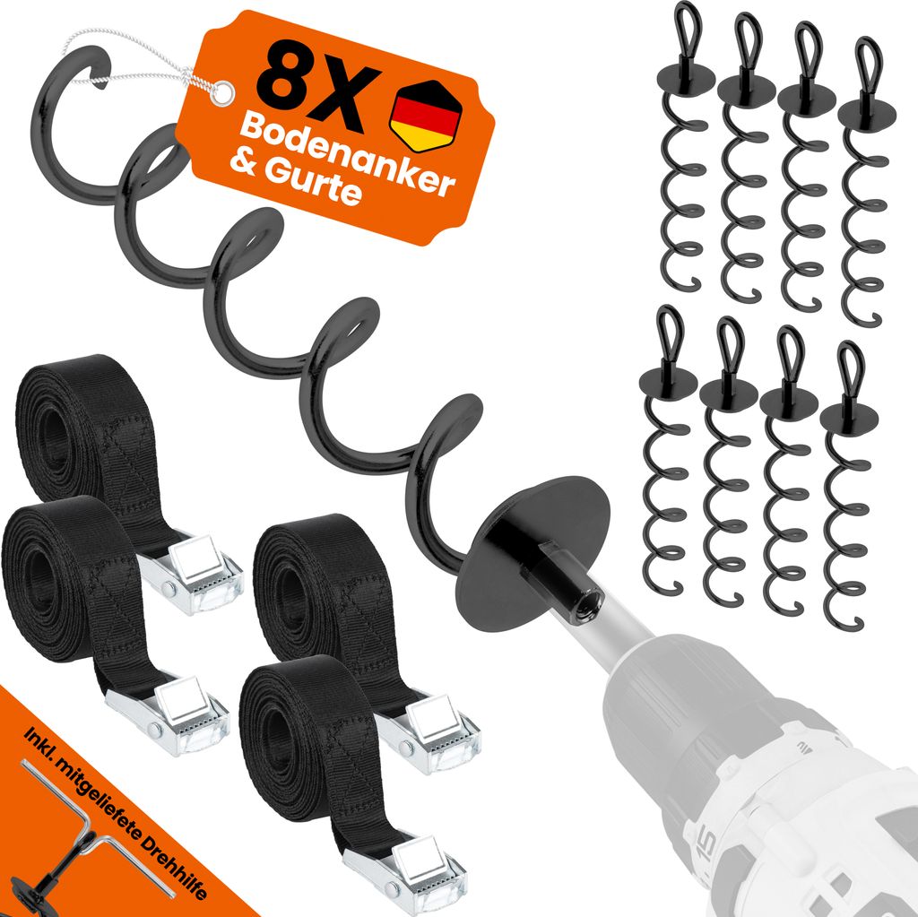 NewHabitat | 8x Erdanker Bodenanker Schwarz inkl. Gurte Produktbild 