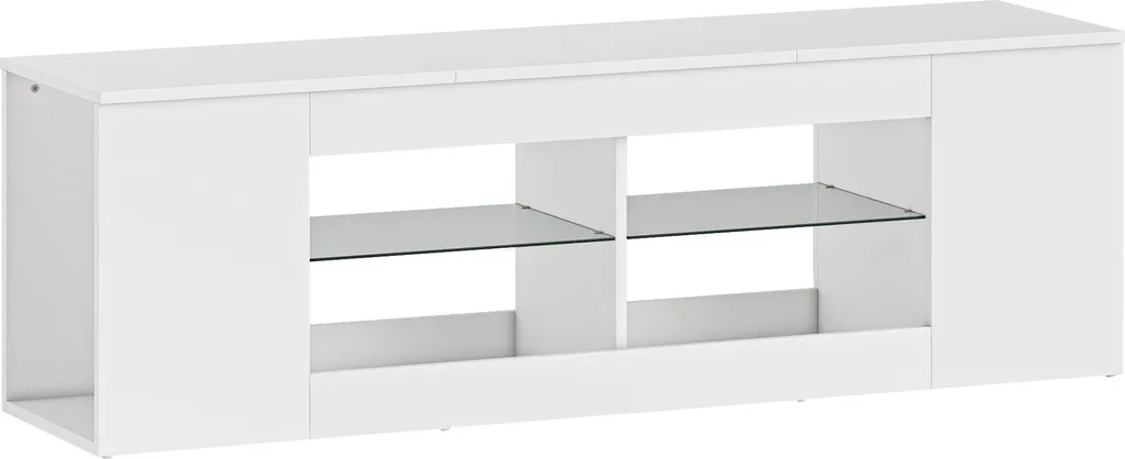 Meuble TV 140 cm blanc design avec 6 niches et 2 rails porte-verres inox
