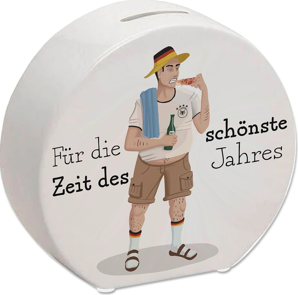 Spardose mit Karikatur eines Deutschen - Für die schönste Zeit des Jahres