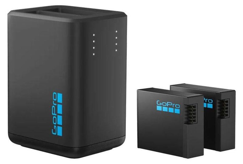 A black dual battery charger and two black GoPro batteries are shown against a white background.