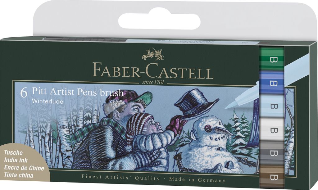 Faber-Castell Pitt Artist Pen Brush Tuschestift, 6er Etui, Winterlude, 6 Farben, Blau, Braun, Cyan, Grün, Grau, Weiß, Mehrfarbig, Rund, Kunststof...