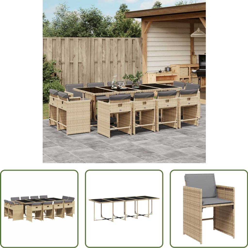 The Living Store 13-tlg. Garten-Essgruppe mit Kissen Beigemischung Poly Rattan