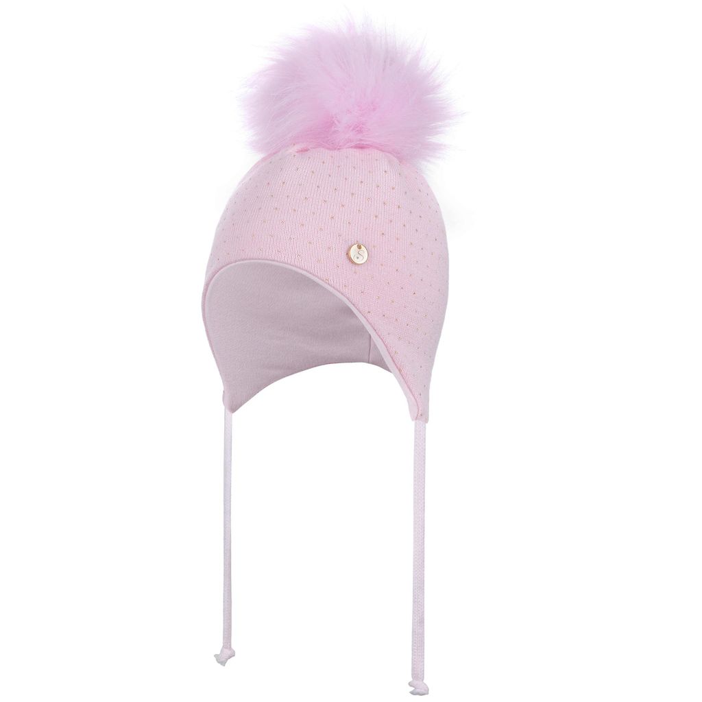 Baby Mädchen Wintermütze Strickmütze Bindemütze Bommelmütze, Rosa-Gold, Gr. 44