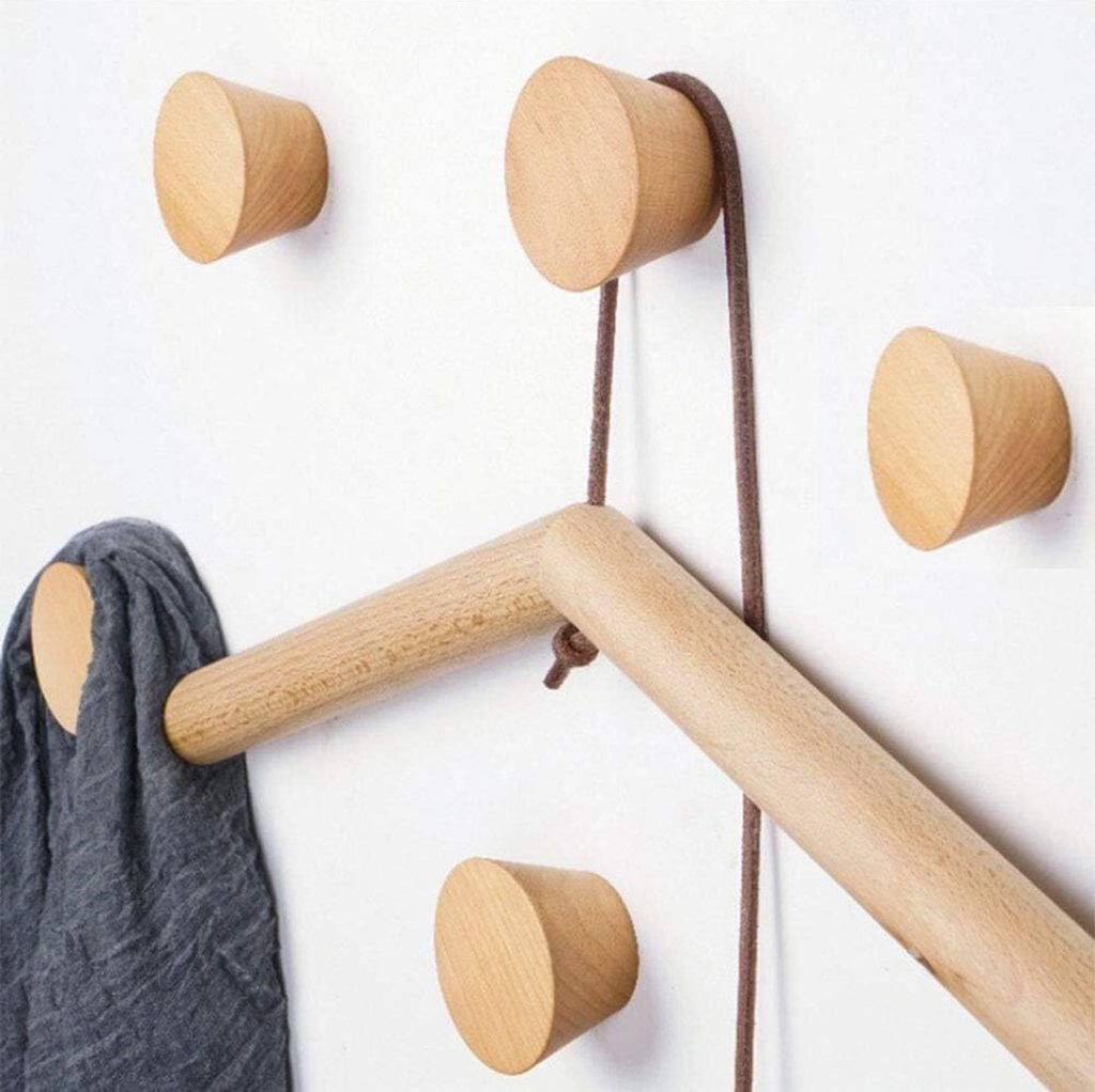 Garderobenhaken aus Holz, Wandhaken, 5er-Set runde Garderobenhaken, Türhaken für Wand, Wohndekoration, Wohnzimmer, Badezimmer (Buchenholz)